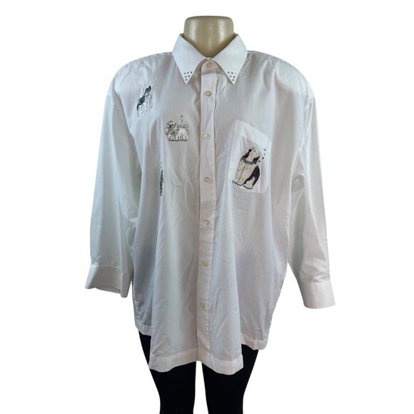 Mili Designs White Button-Up Shirt W/ Embroidered Dogs & Rhinestone Collar Sz 18 - Picture 2 of 10